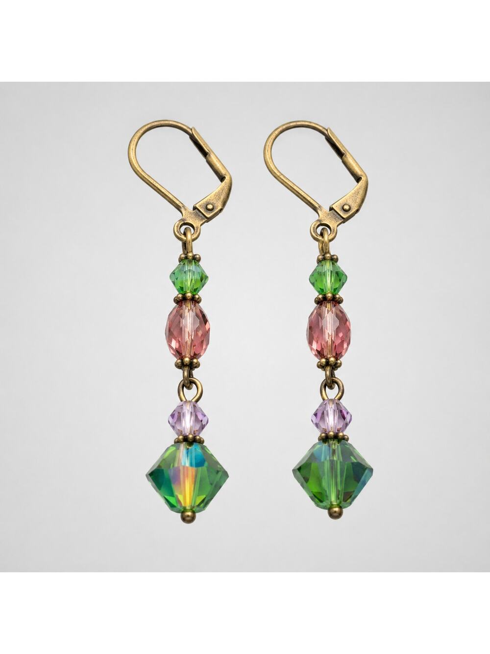 Green Pink Dangle Pierced Earrings Crystal Glass 2" Long Brass-tone bp-110